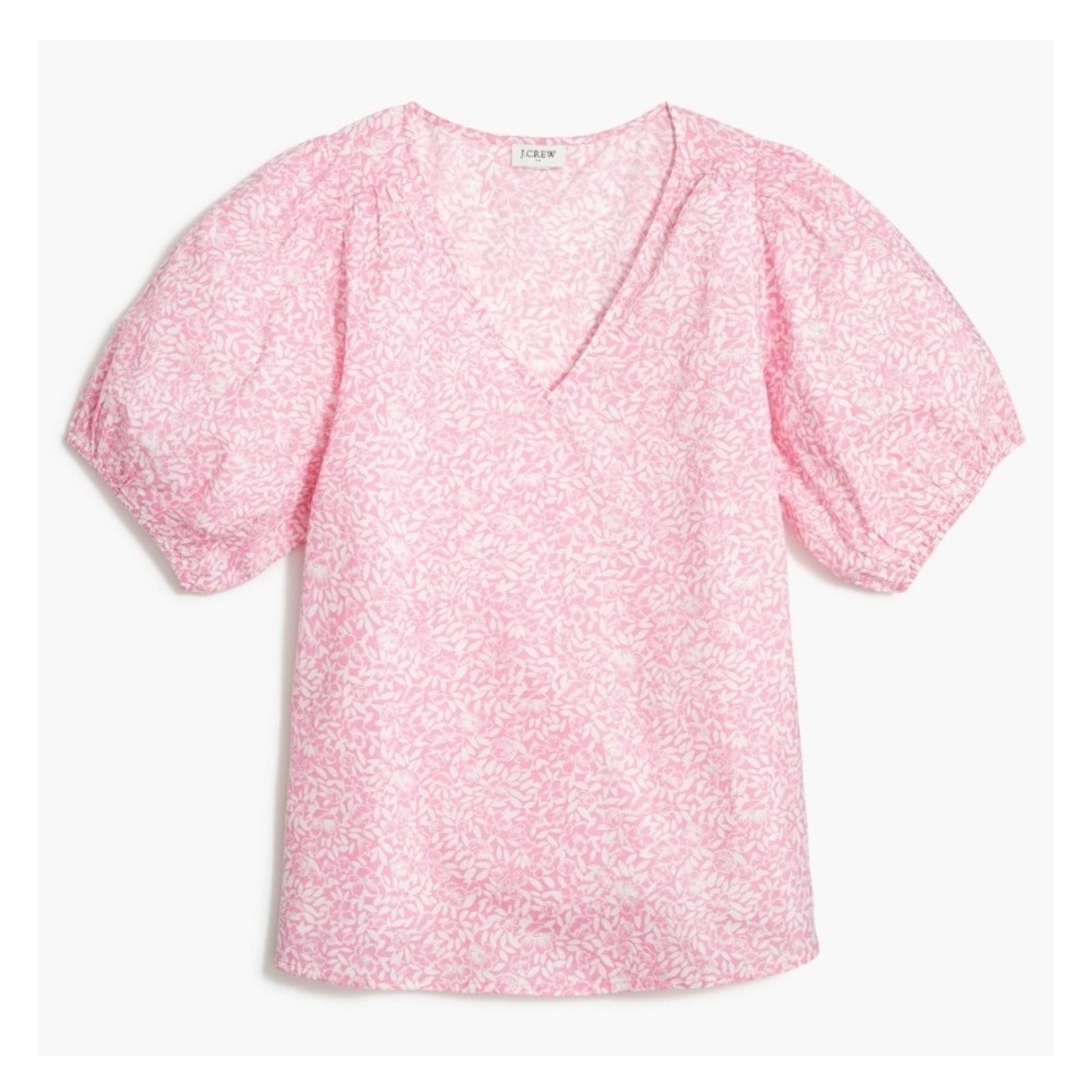 J Crew Factory Cotton V Neck Puff Sleeve Top Pink White Floral Womens Large